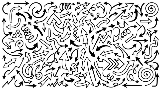 Arrow doodle swirl pattern with sketched motion lines, black ink arrows and dynamic movement background for design and icons