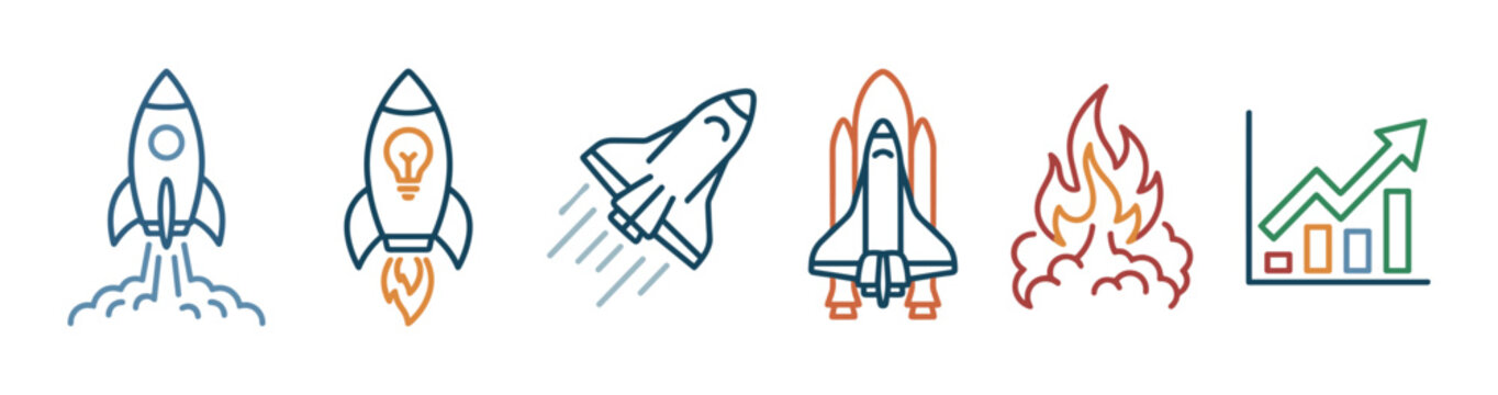 Set of colorful line art icons representing startup business concepts like launch, innovation, growth, and success, featuring rockets, a space shuttle, fire, and a rising graph