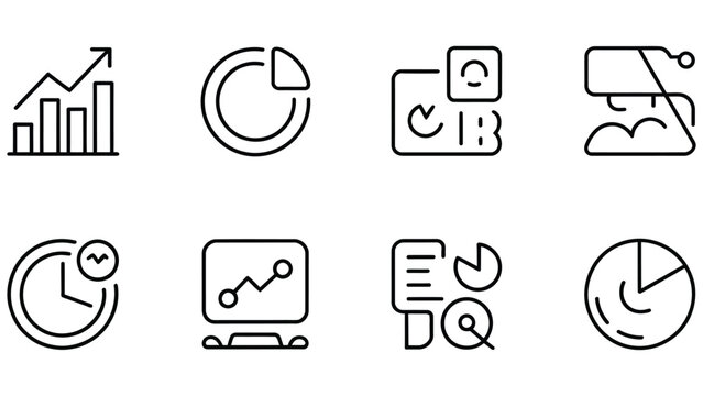Black line icons of business graphs and charts on white background
