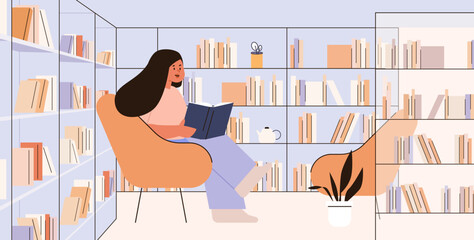 Woman reading book cozy library interior bookshelves armchair potted plant modern flat design pastel colors home relaxation concept © mast3r