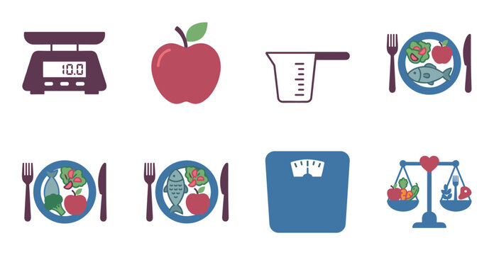 Collection of healthy eating icons representing diet, nutrition, weight loss, and portion control with scales, plates of food, an apple, and a measuring cup in a flat vector style