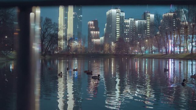 City lights reflecting on calm water with illuminated highrises and trees mirrored in rippling pond, ducks gliding through shimmering highlights, pastel neon and festive glow create tranquil