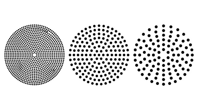 Dots circle pattern set of three halftone disks with varying density for modern graphic backgrounds featuring disk, stipple, raster effect with