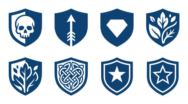 Collection of eight blue shield icons featuring various graphic symbols like a skull, arrow, diamond, star, plant, and Celtic knot for creating emblems, badges, or logos