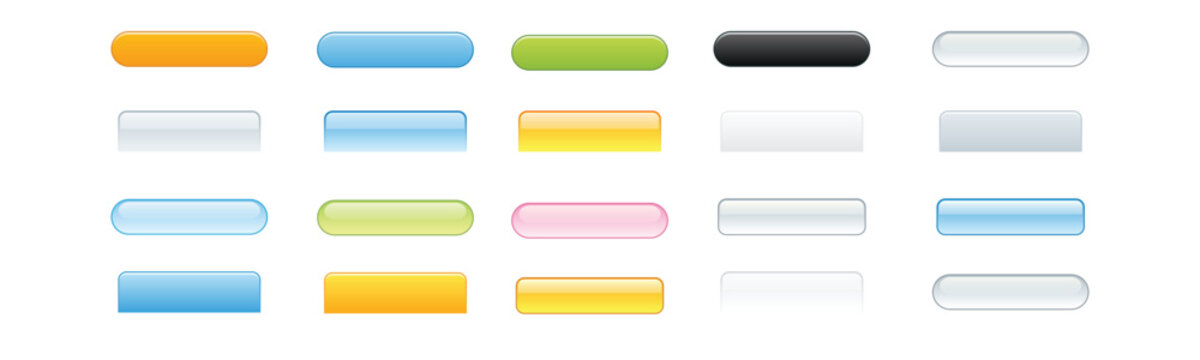 A glossy set of round and rectangle web navigation buttons featuring a shiny glass vector design with green orange and yellow aqua icons for a modern internet website illustration