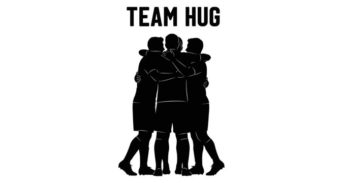 Silhouetted team members embracing warmly in a supportive gesture during a celebration