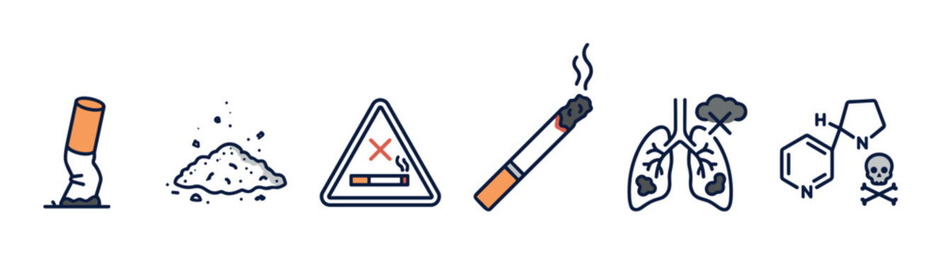Smoking and tobacco hazard icon collection with a cigarette butt, ash, no smoking sign, damaged lungs, and nicotine poison symbol in a minimalist hand-drawn line art style