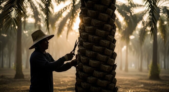 Farmer tending to date palm tree in sunlit grove.