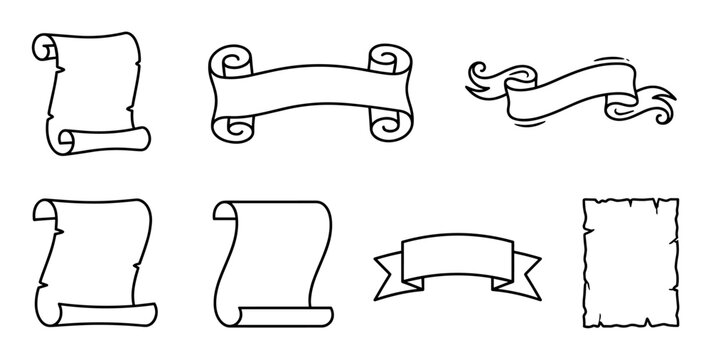 Set of hand-drawn vintage scrolls and banners in a simple black outline style, featuring various antique parchment and ribbon shapes for classic design elements