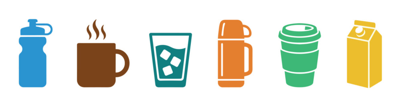 Colorful set of six beverage container icons showing a water bottle, hot mug, iced drink, thermos, coffee cup, and milk carton in a simple flat vector illustration style