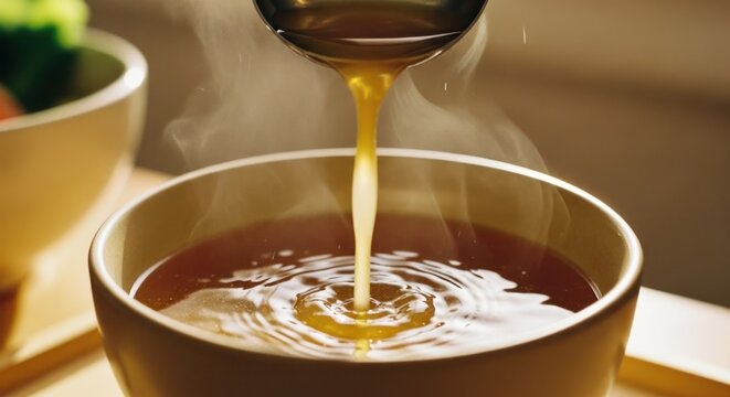 Hot Broth Being Poured into a Bowl.