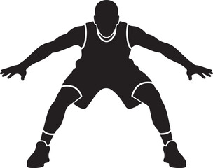 Black silhouette of a basketball player standing in a defensive stance ready to play the game on a professional court silhouette vector © Mostakim72