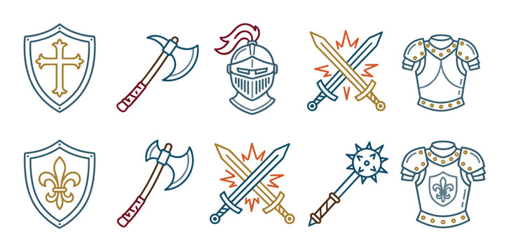 Set of medieval knight equipment icons including a shield, axe, helmet, swords, armor, and mace, illustrated in a colorful line art style for historical or fantasy themes