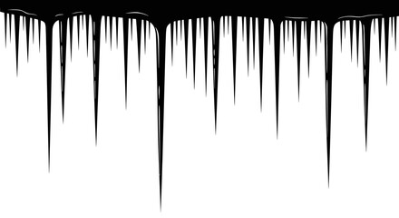 Black liquid drips down on white background creating sharp icicle like streaks and smooth flow © Prema