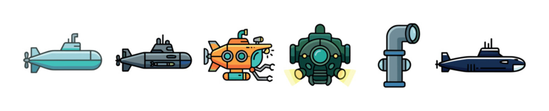 Collection of colorful submarine and submersible illustrations showing various underwater vehicles, including a military sub, a research vessel, and a periscope in a flat cartoon icon style