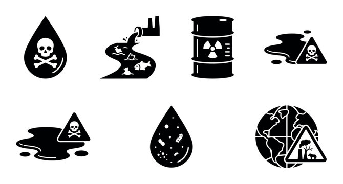 Set of black pollution and hazard icons depicting toxic waste, water contamination, radioactive material, chemical spills, and global environmental damage in a simple glyph style