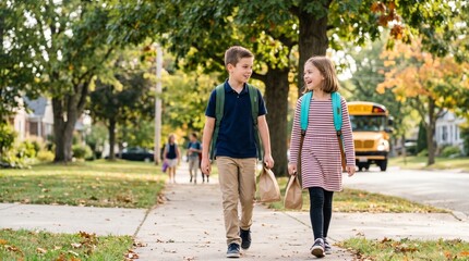 Fototapeta premium Teenagers walking on sidewalk together.