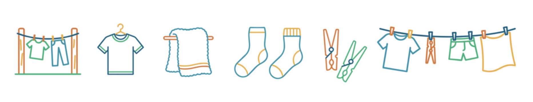 Colorful laundry and washing icon set with clothes hanging on a clothesline, a t-shirt, socks, and clothespins in a minimalist hand-drawn line art style for household concepts