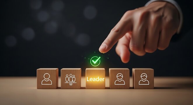 Hand selecting leader icon on wooden blocks