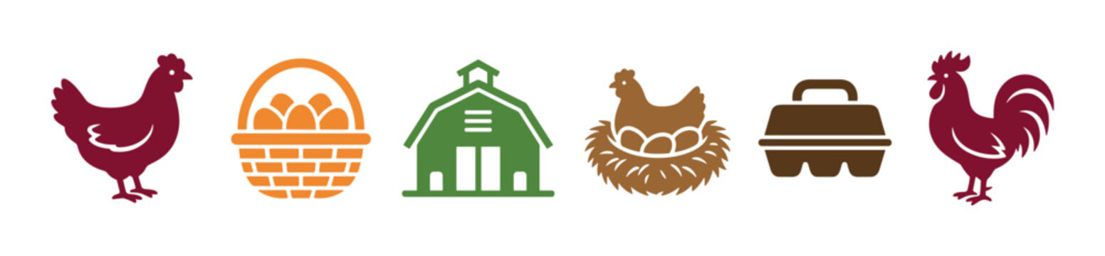 Collection of six farm-themed icons featuring a chicken, rooster, barn, nest with eggs, basket, and carton, rendered in a simple, colorful, flat graphic design
