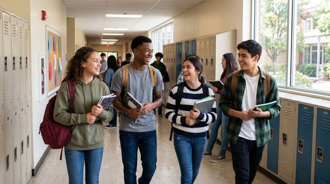 Students walking in school hallway together.