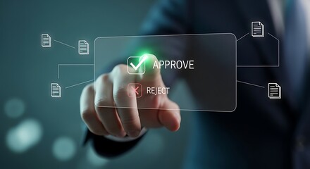 Naklejka premium Businessman approves document with virtual interface