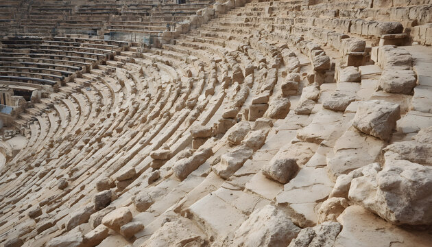 detailed view of an ancient amphitheater's seating area. The style is architectural, showcasing a series of stone benches arranged in a semi-circular layout. Each row of seats is lined with black cush
