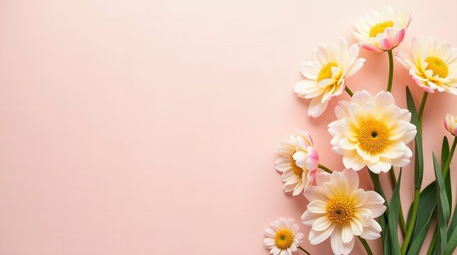 Soft pink background with a bouquet of white and yellow daisies and pink buds on green stems.