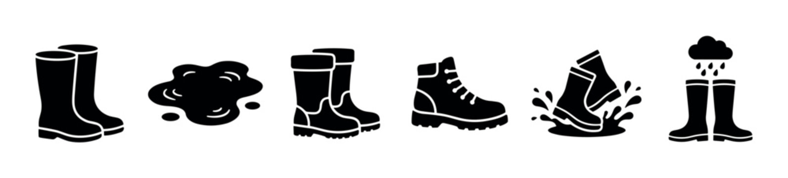 Six black glyph icons of boots and wet weather concepts, including rubber wellingtons, a mud puddle, a hiking shoe, splashing water, and a rain cloud over footwear