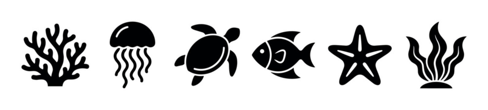 Black sea animal and plant silhouette icons including a turtle, fish, jellyfish, starfish, coral, and algae, presented as a collection of simple vector graphic symbols