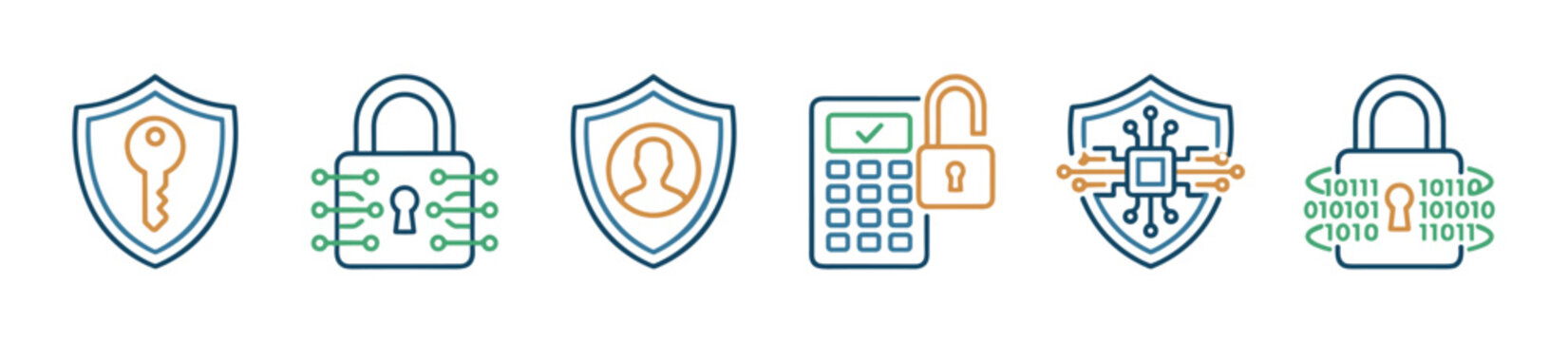 Six cybersecurity and data protection icons featuring a shield, padlock, user profile, keypad, microchip, and binary code in a minimalist, colorful line art illustration style