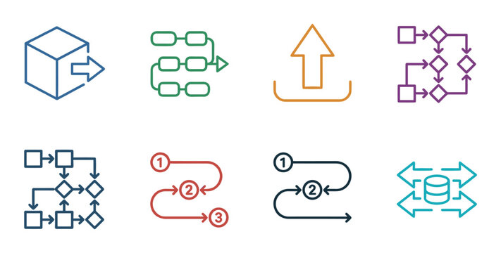 Set of colorful workflow and process icons for business diagrams and flowcharts, featuring minimalist line art symbols for steps, logic, data exchange, and algorithms
