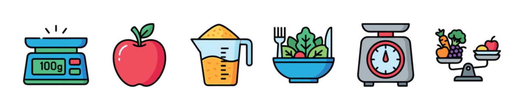 Set of colorful diet and nutrition icons showing kitchen scales, an apple, a measuring cup, salad, and fresh produce for a healthy lifestyle and calorie counting concept