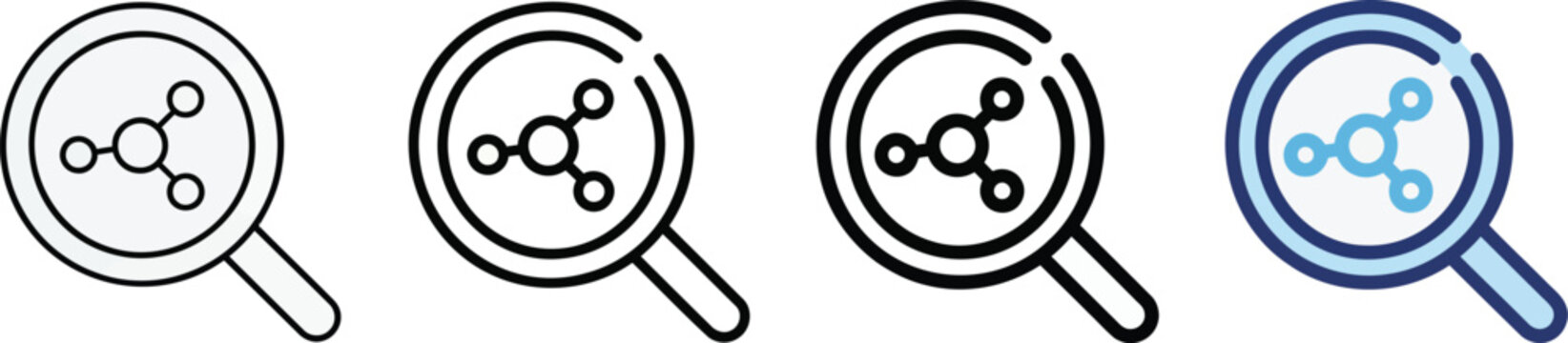 Molecular structure search vector icon magnifying glass analyzing chemical bonds and atomic configurations.