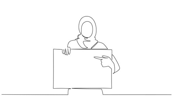 Woman in hijab holding blank sign and pointing line art illustration white background pointing finger illustration copy space information advertising announcement minimalist