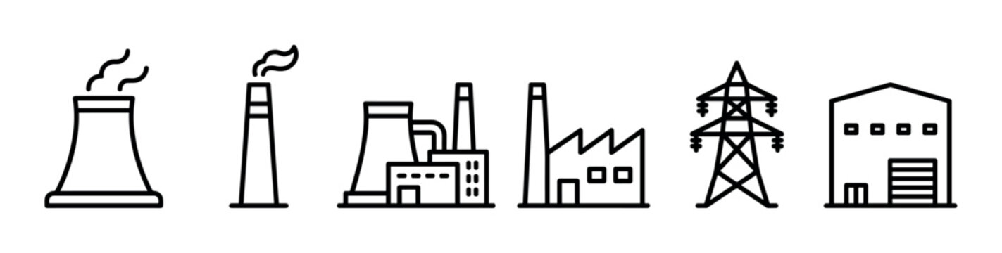 Set of industrial line icons depicting a power plant, factory, cooling tower, chimney, electricity pylon, and warehouse for energy and manufacturing concepts, presented in a simple black outline style