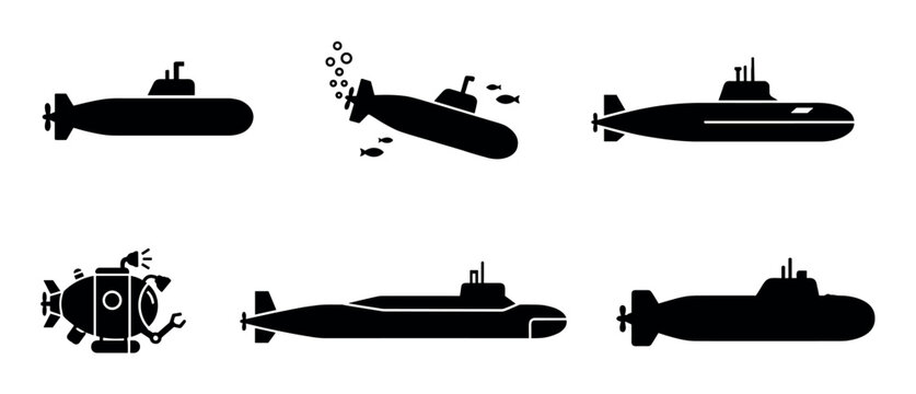 Collection of black submarine silhouettes and icons showing various underwater vessel designs, including military and research submersibles in a clean minimalist graphic style