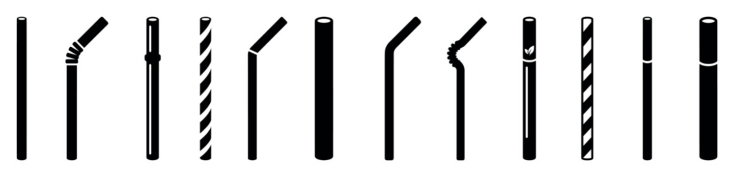Collection of black drinking straw silhouettes showing various types and shapes, including straight, flexible, bendy, striped, and eco-friendly options in a minimalist icon set