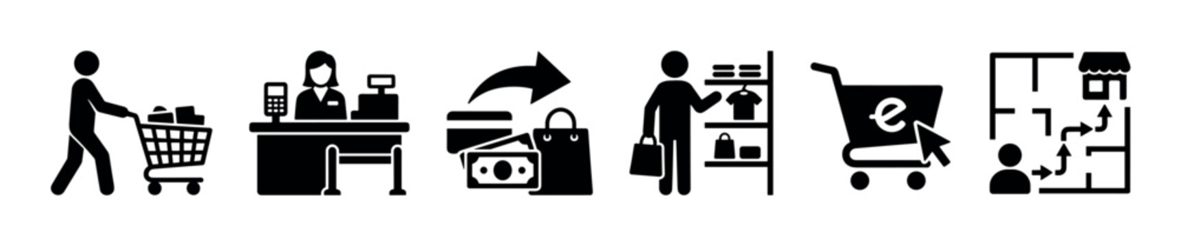 Set of black shopping and retail icons showing the customer journey from browsing in-store to online checkout, payment methods, and store navigation pictograms