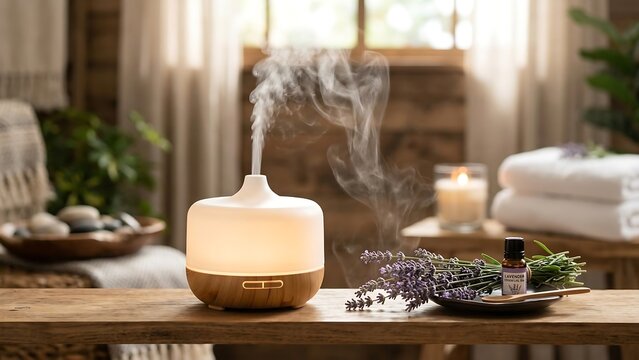 Essential oil diffuser misting steam and soft light in a cozy room setting