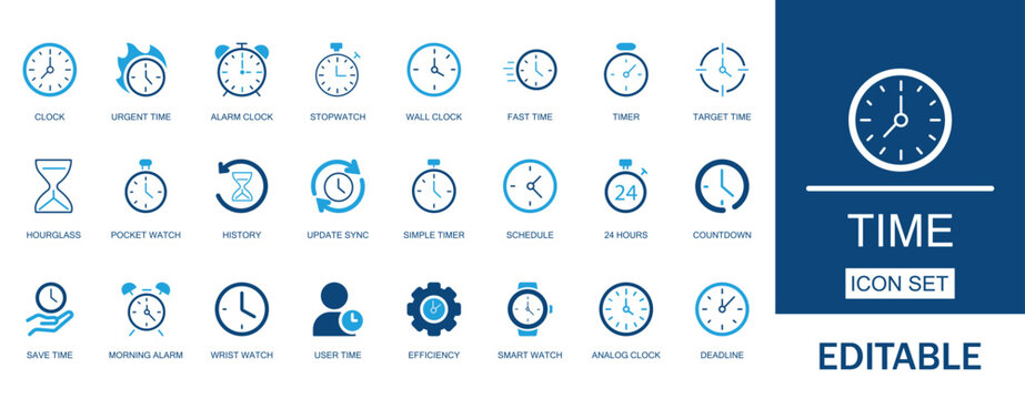 Time and clock icon set for productivity management. Includes analog watch, digital timer, deadline schedule, smart watch, efficiency, timeline, bomb, story, save, tracking.