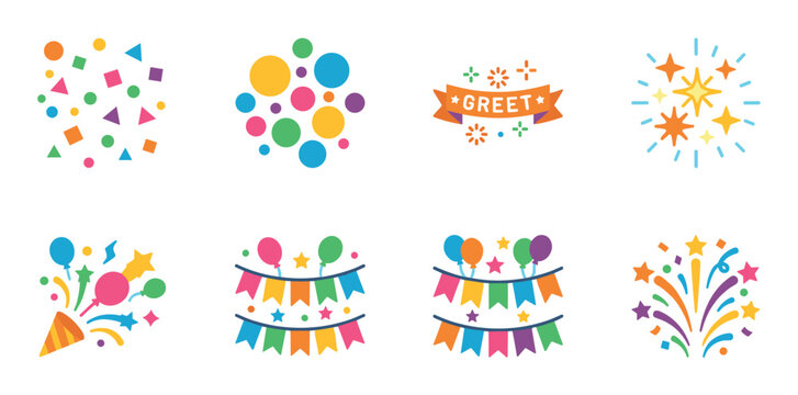 Set of colorful party celebration icons including confetti, fireworks, a party popper, bunting garlands, and a greeting banner in a flat design vector illustration style for festive events