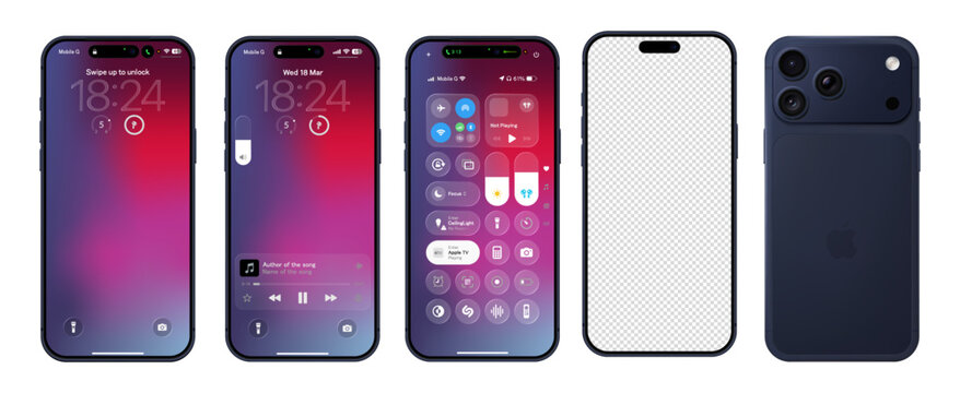 Photorealistic detailed Apple Iphone 17 Pro Max Deep Blue basic IU mockup with purple background isolated. iOS 26, liquid grass 2026 full template design. Vector editorial illustration
