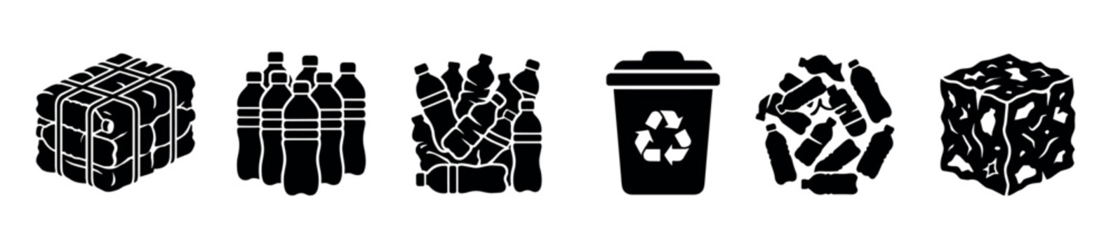 Set of black plastic recycling icons showing the process from waste collection to compressed bales and recycled material in a simple glyph style