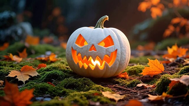 glowing jack-o'-lantern with autumn leaves