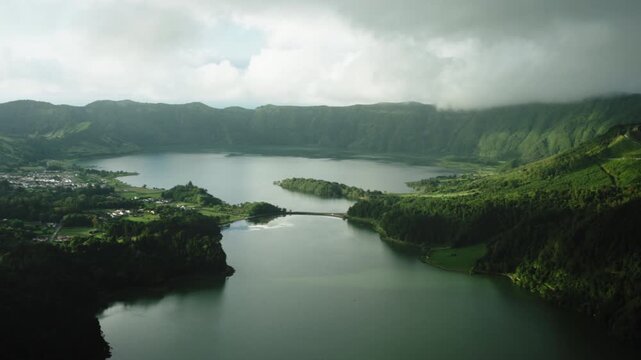 Cinematic Aerial Vista of Sete Cidades Twin Lakes and Verdant Volcanic Crater, S o Miguel Island, Azores