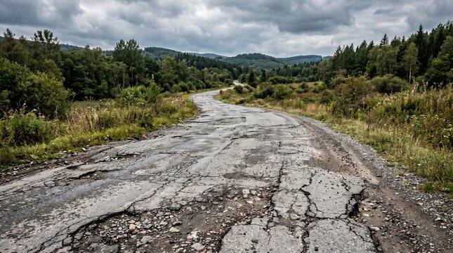 Cracked rural road with mountain landscape.