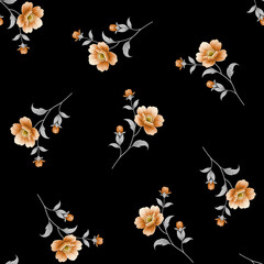 Obraz premium black background watercolor delicate flower and leaves seamless pattern.