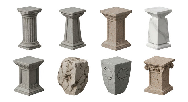 collection of eight stone pedestals or plinths displaying different designs and textures isolated on a white background for product placement or artistic presentation
