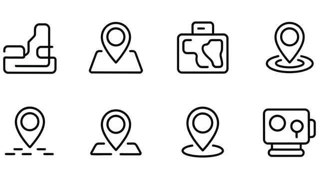 Collection of black line icons for navigation and mapping on white background